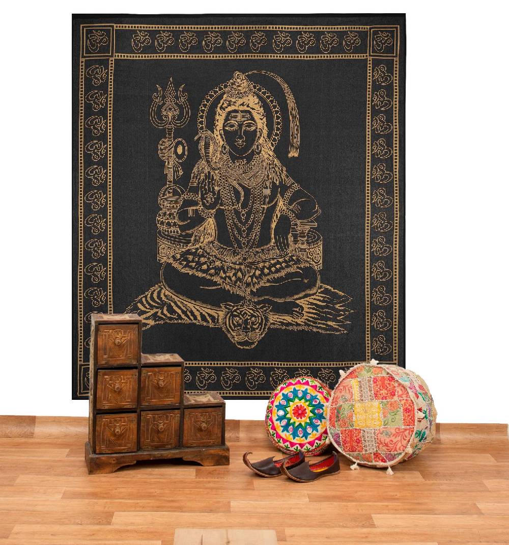 Kunst Und Magie Kunst und Magie Tagesdecke Wandbehang Deko Tuch Lord Shiva Gold ca. 200 x 230cm