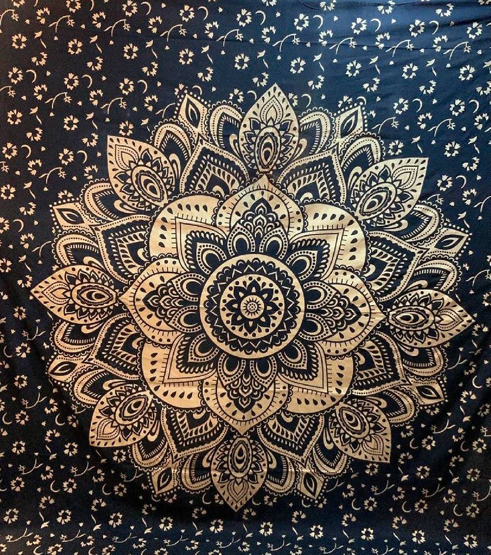 Kunst Und Magie Kunst und Magie Tagesdecke Wandbehang Deko Tuch Lotus Mandala Gold ca. 200 x 230cm