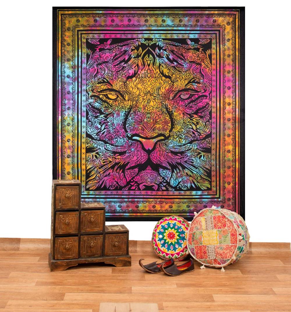 Kunst Und Magie Kunst und Magie Tagesdecke Wandbehang Deko Tuch Tiger Meditation ca. 200 x 225 cm