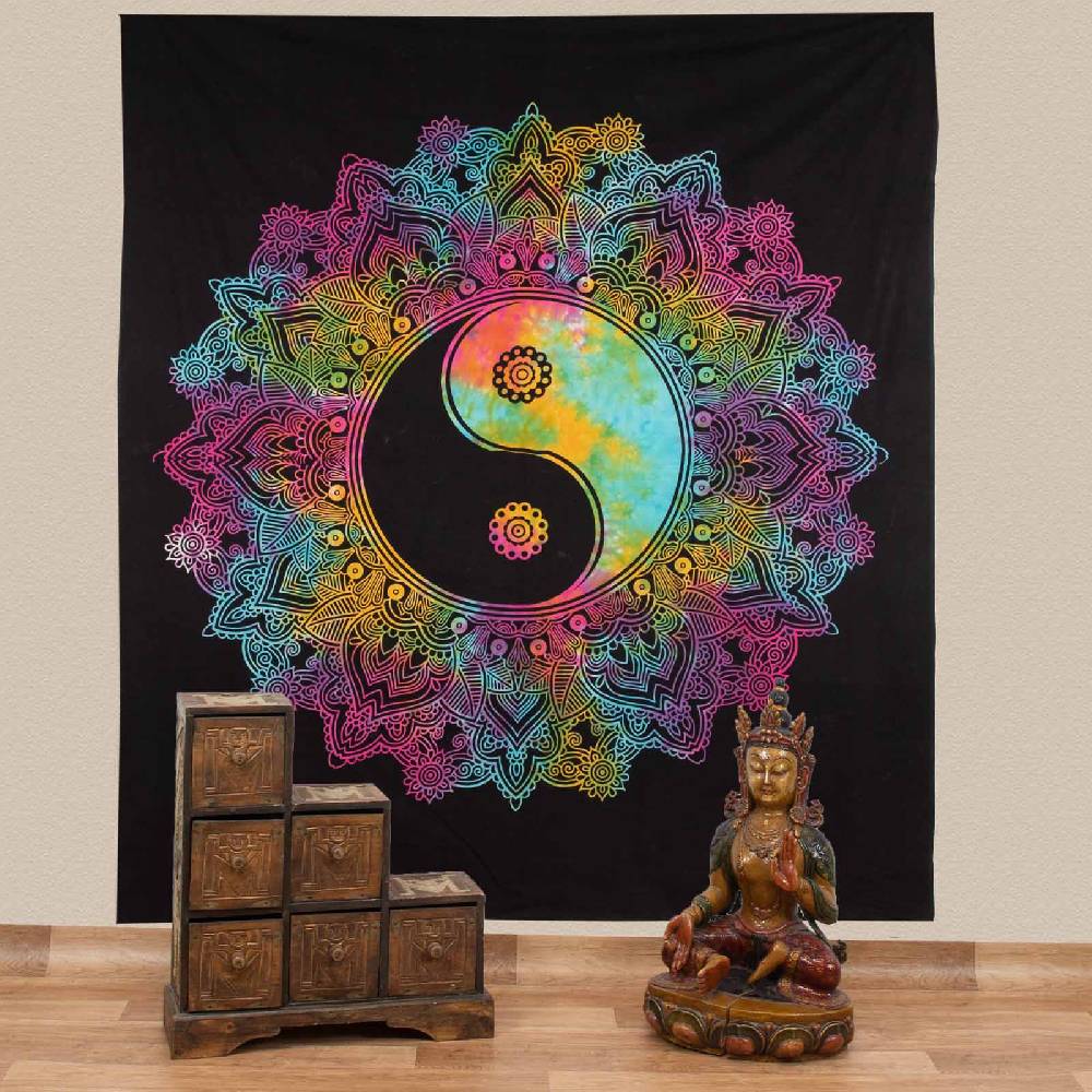 Kunst Und Magie Kunst und Magie Tagesdecke Wandbehang Tuch Buntes Ying & Yang Mandala ca. 200 x 230cm