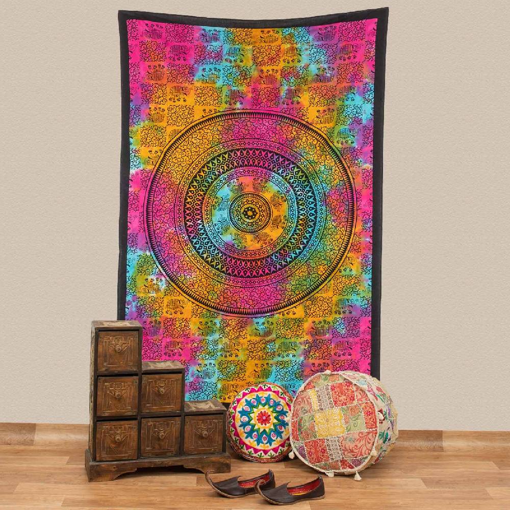 Kunst Und Magie Kunst und Magie Tagesdecke Wandbehang Tuch Elefanten Mandala ca. 200 x 135 cm