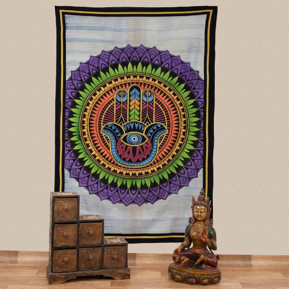 Kunst Und Magie Kunst und Magie Tagesdecke Wandbehang Tuch Hamsa Hand der Fatima UV Aktiv ca. 200 x 135 cm
