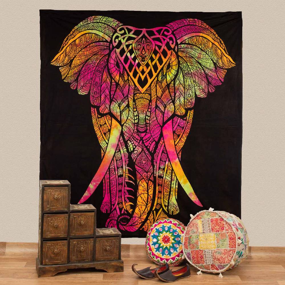 Kunst Und Magie Kunst und Magie Tagesdecke Wandbehang Wandtuch Bunt Deko Tuch Elefant ca. 200 x 230cm