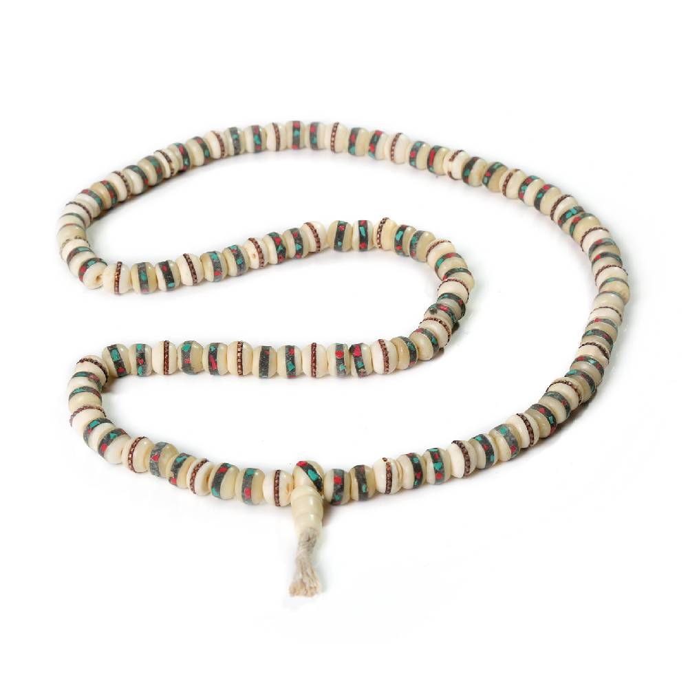 Kunst Und Magie Kunst und Magie Yak Bone Mala mit Verzierungen Tibet Om Gebetskette