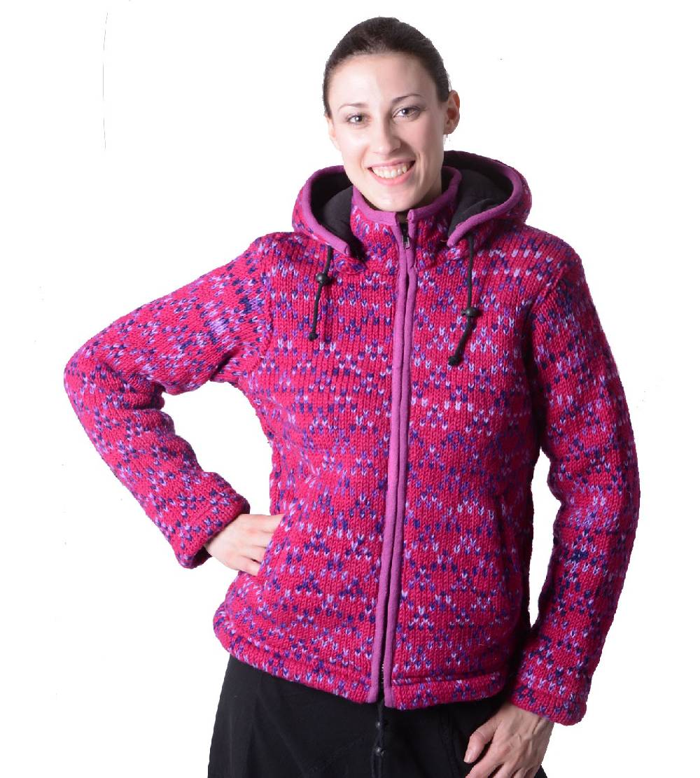 Kunst Und Magie Lila Hippie Goa Nepal Strickjacke Poncho Wolle mit Fleecefutter und abnehmbarer Kapuze