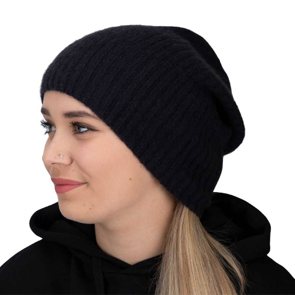 Kunst Und Magie Long Slouch Beanie Mütze Aus Kashmir Wolle Wollmütze Unisex Für Sie Und Ihn Schwarz Gerippt