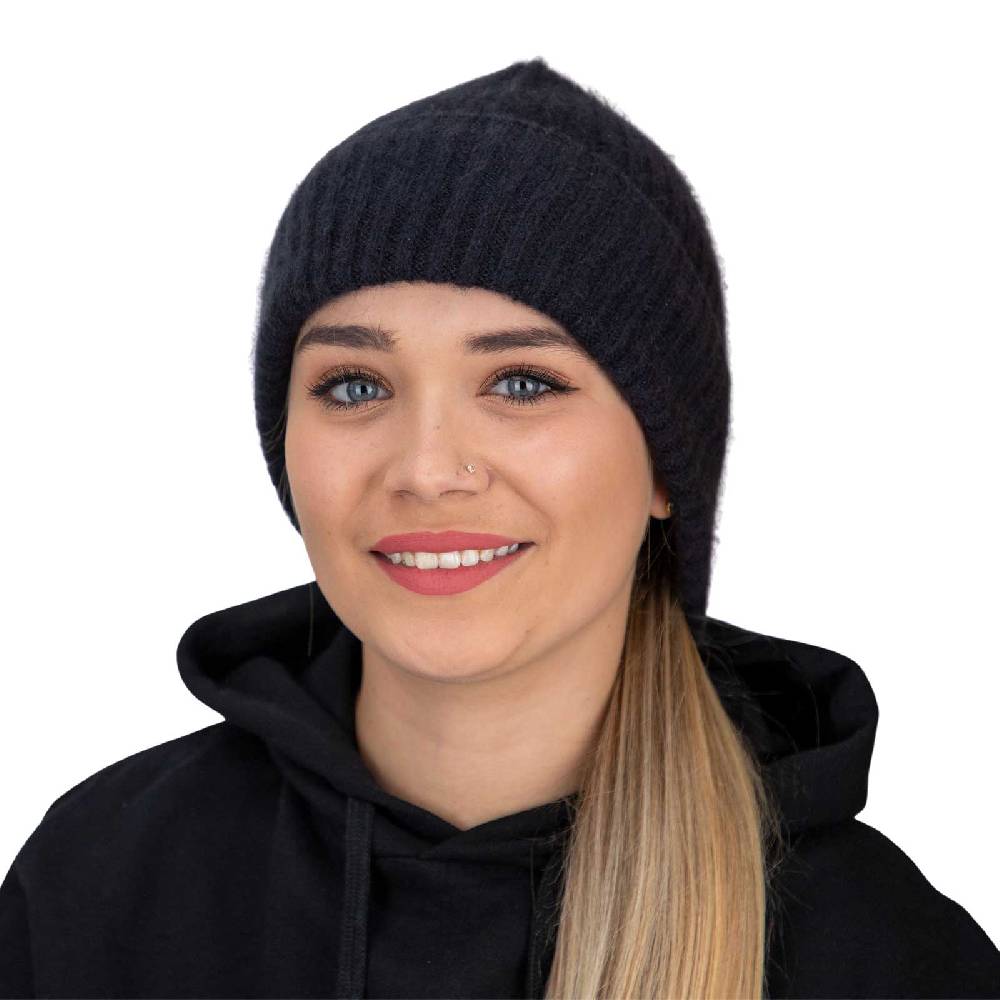 Kunst Und Magie Long Slouch Beanie Mütze aus Kashmir Wolle Wollmütze Unisex für Sie und Ihn Schwarz gerippt