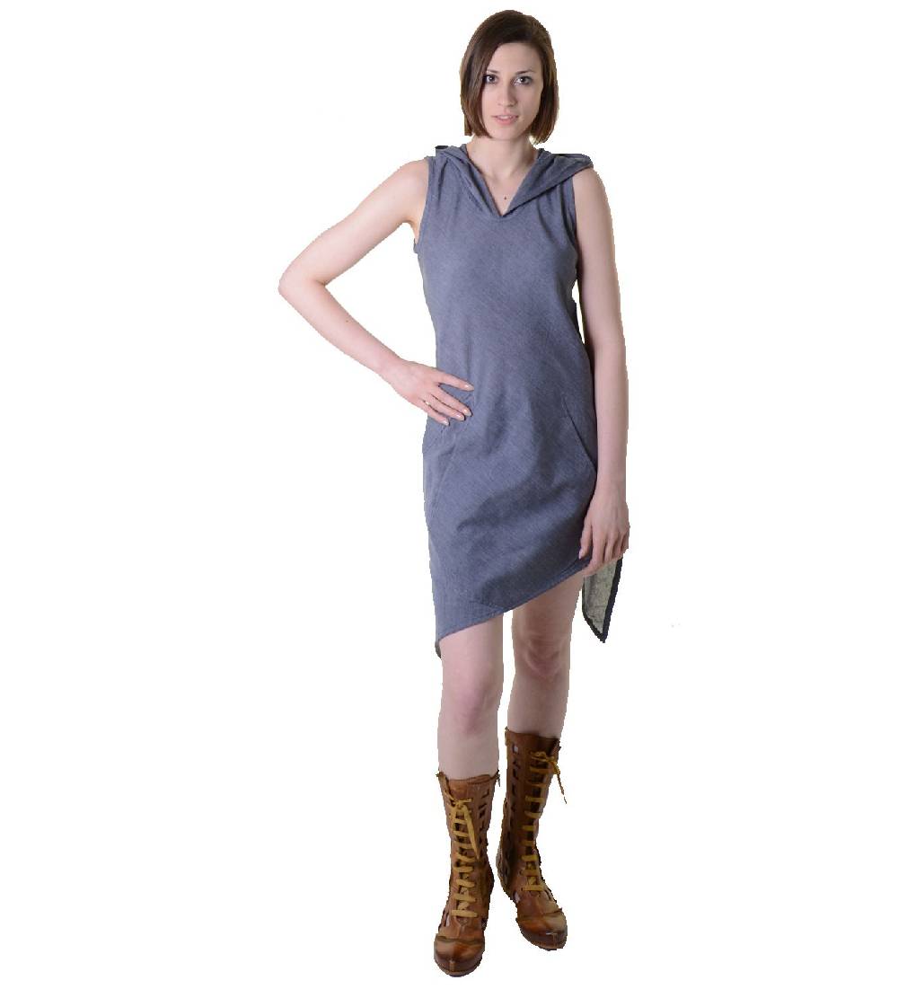 Kunst Und Magie Minikleid Tunika Hippie Sommerkleid mit Zipfelkapuze in Grau
