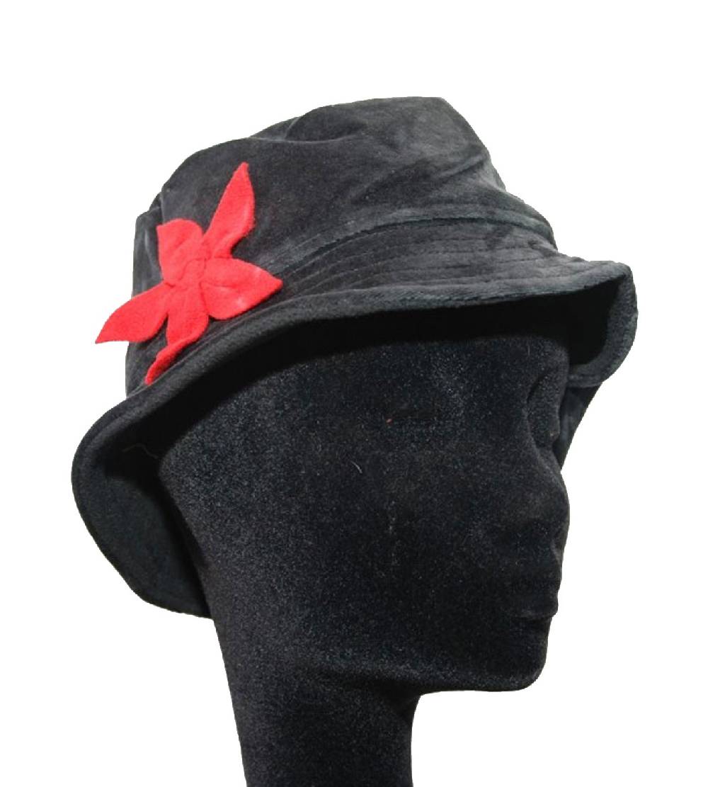 Kunst Und Magie Mütze Hut aus Samt Fleecefutter Hippie Lagenlook Goa mit roter Blüte