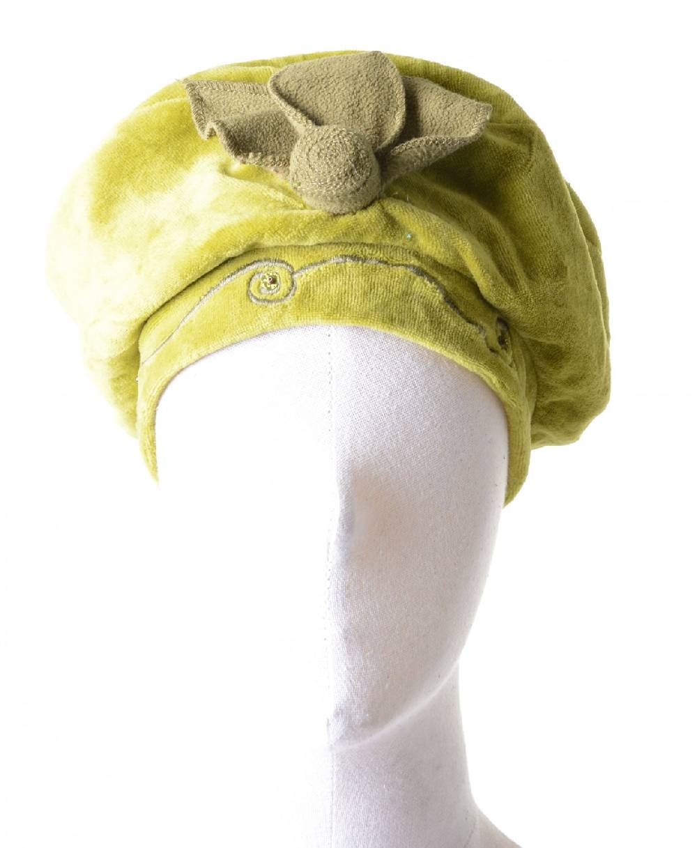 Kunst Und Magie Mütze Hut aus Samt mit Pailletten & Blume Grün
