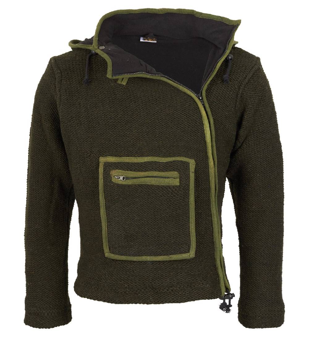 Kunst Und Magie Nepal Strickjacke Pullover Wolle mit Fleecefutter und Kapuze Baja Hippie