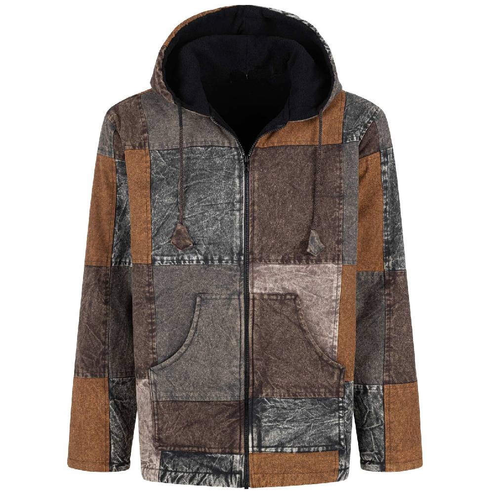 Kunst Und Magie Patchwork Jacke Baja Hoodie Herren alternativ Kapuzenjacke Goa Fleecefutter Nachhaltig Fair