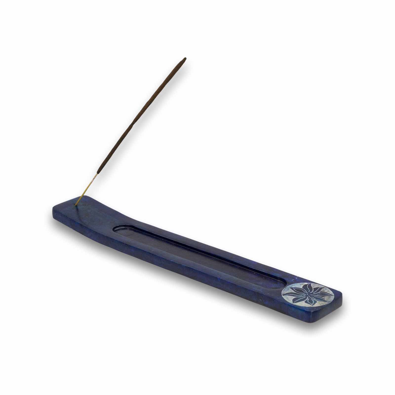 Kunst Und Magie Räucherstäbchenhalter Flower aus Speckstein aus mit Gravur Halter Blau