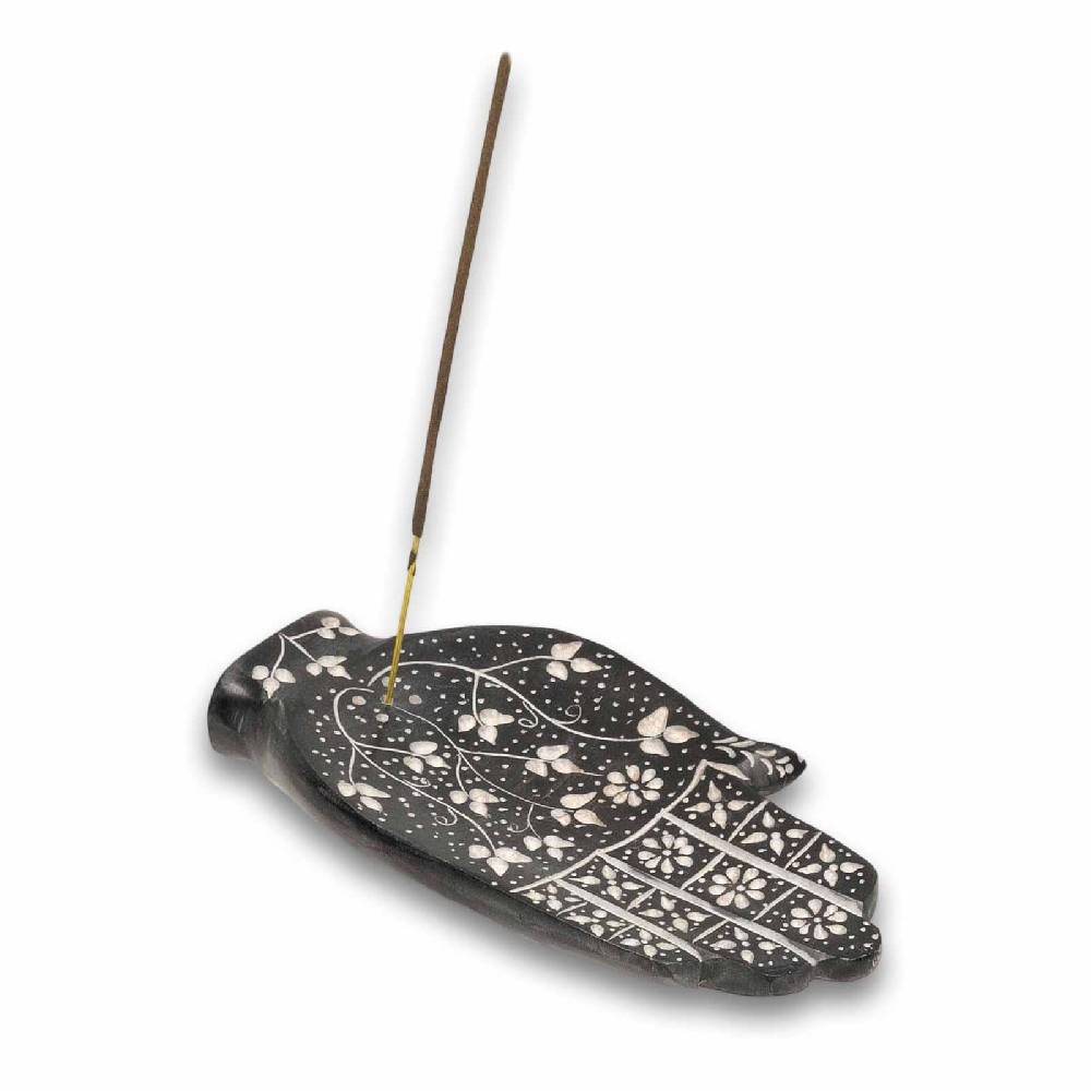 Kunst Und Magie Räucherstäbchenhalter Raücherschale Hamsa Hand der Fatima Briefbeschwerer Speckstein Deko ca.16cm Black