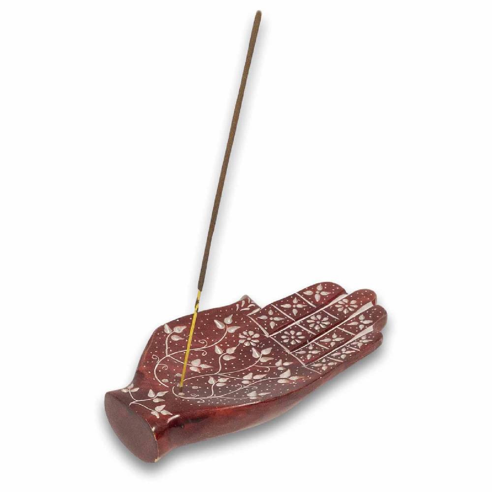 Kunst Und Magie Räucherstäbchenhalter Raücherschale Hamsa Hand der Fatima Briefbeschwerer Speckstein Deko ca.16cm Bordeaux
