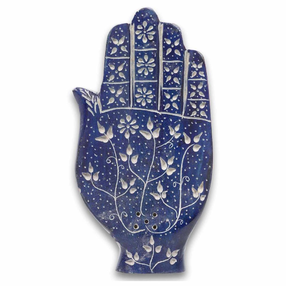 Kunst Und Magie Räucherstäbchenhalter Raücherschale Hamsa Hand Der Fatima Briefbeschwerer Speckstein Deko Ca.16cm Blau
