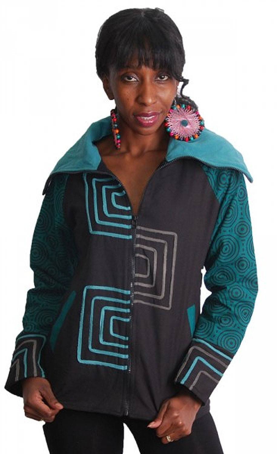 Kunst Und Magie Schwarz-Türkise Boho Jacke Mit Rollkragen Und Fleecefutter