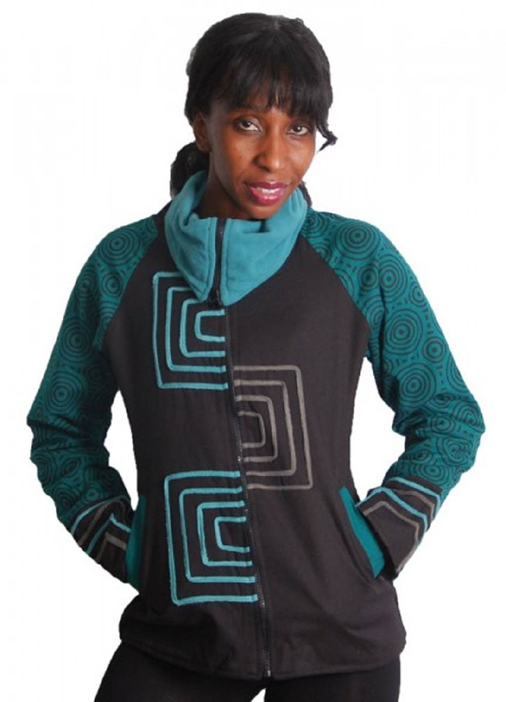 Kunst Und Magie Schwarz-Türkise Boho Jacke mit Rollkragen und Fleecefutter