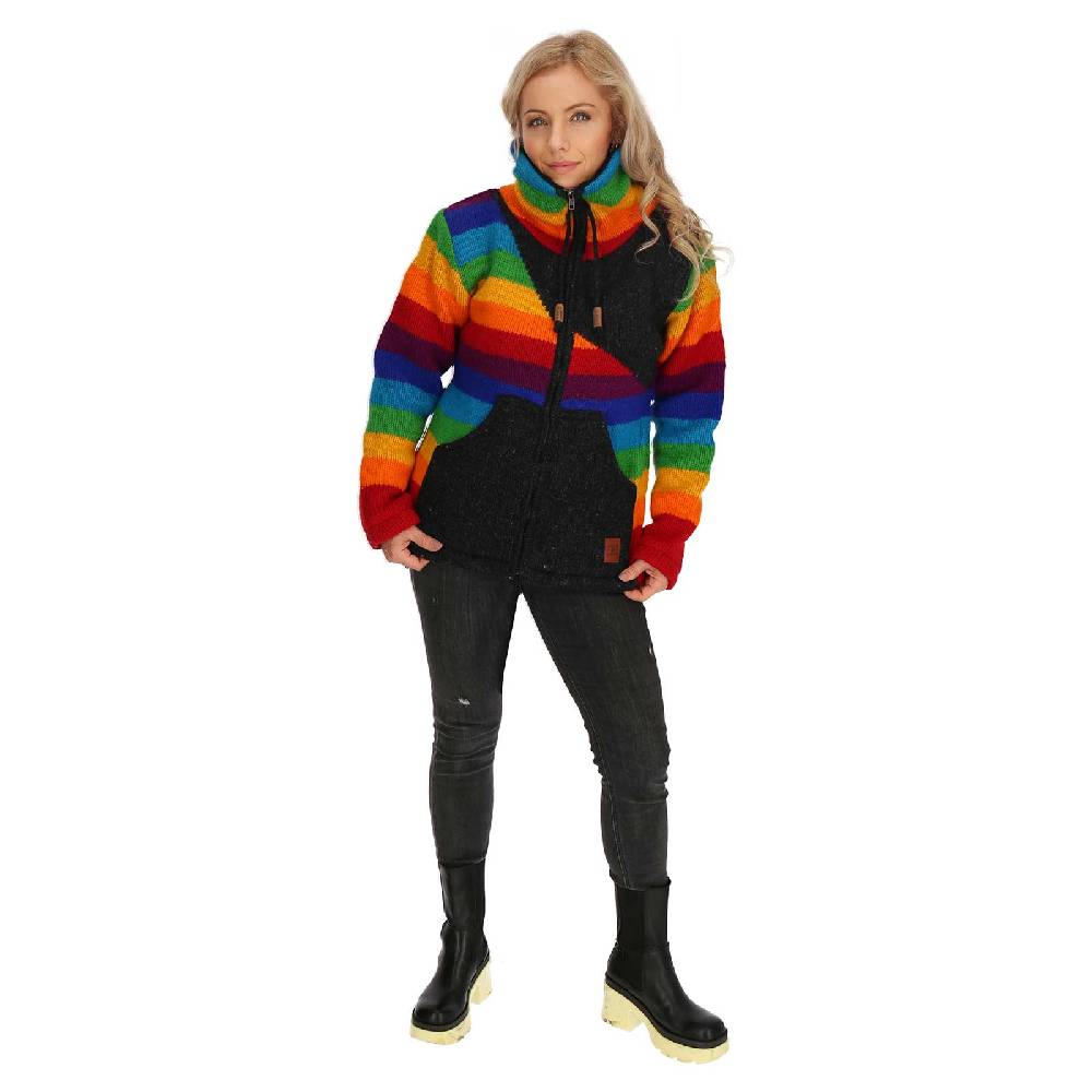 Kunst Und Magie Strickjacke Goa Wolle Bunte Regenbogen Jacke Fleecefutter Hochkragen Unisex Fair