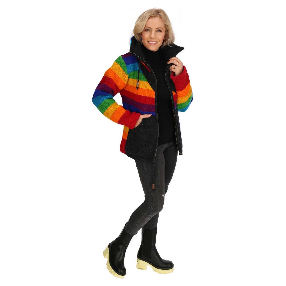 Kunst Und Magie Strickjacke Goa Wolle Bunte Regenbogen Jacke Fleecefutter Hochkragen Unisex Fair