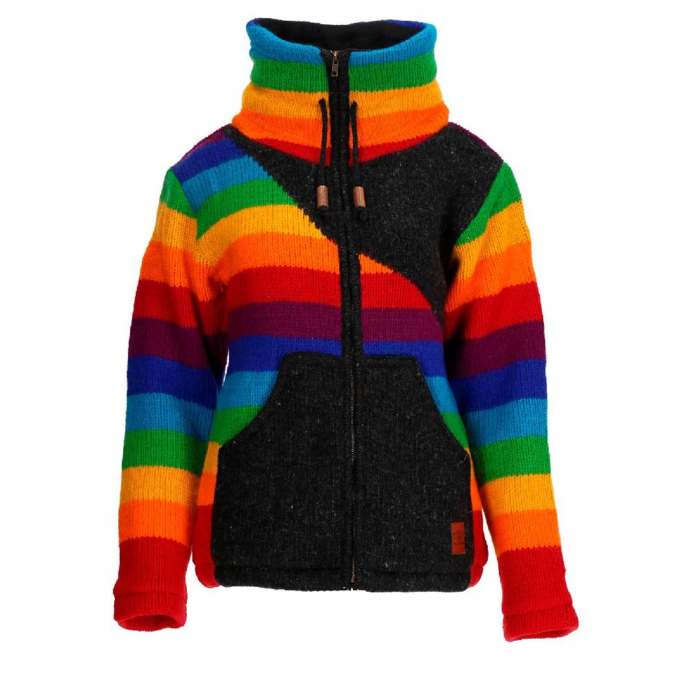 Kunst Und Magie Strickjacke Goa Wolle Bunte Regenbogen Jacke Fleecefutter Hochkragen Unisex Fair