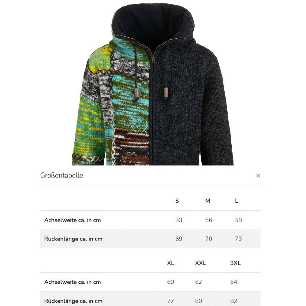 Kunst Und Magie Strickjacke Schurwolle Goa Winterjacke Wolle Jacke Thermo-Hoch Kragen Futter Unisex