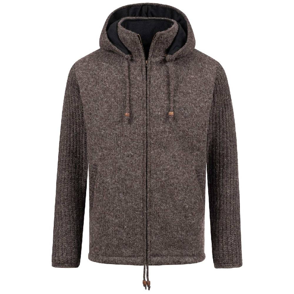 Kunst Und Magie Strickjacke Schurwolle Klassich Nordisch Wolle Jacke mit Kapuze Kragen Futter Unisex Braun