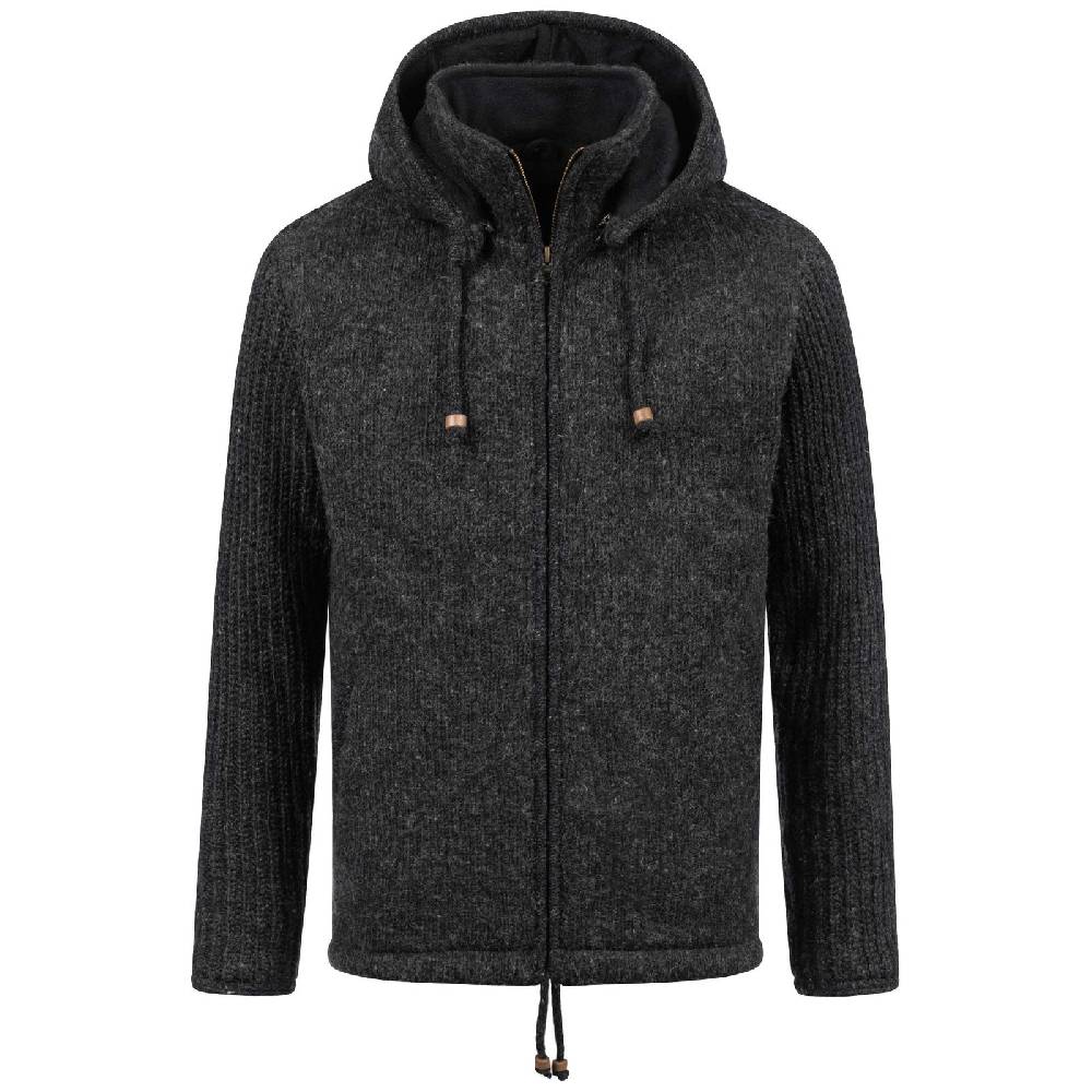 Kunst Und Magie Strickjacke Schurwolle Klassich Nordisch Wolle Jacke mit Kapuze Kragen Futter Unisex Schwarz