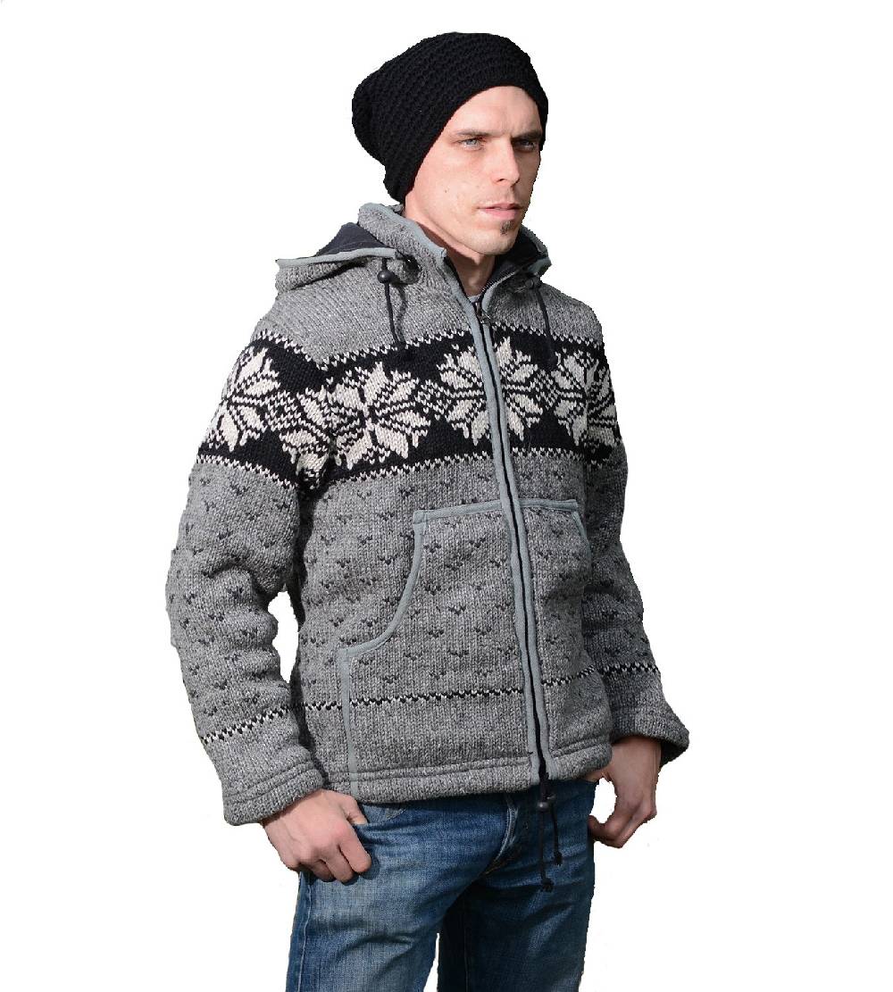 Kunst Und Magie Strickjacke Wolle Jacke Norwegermuster Mit Fleecefutter Und Abnehmbarer Langer Zipfelkapuze