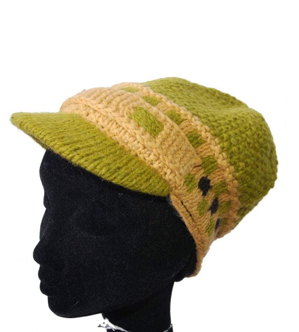 Kunst Und Magie Strickmütze Mütze aus Wolle mit Schirm - Fleecefutter Cap Grün/Beige