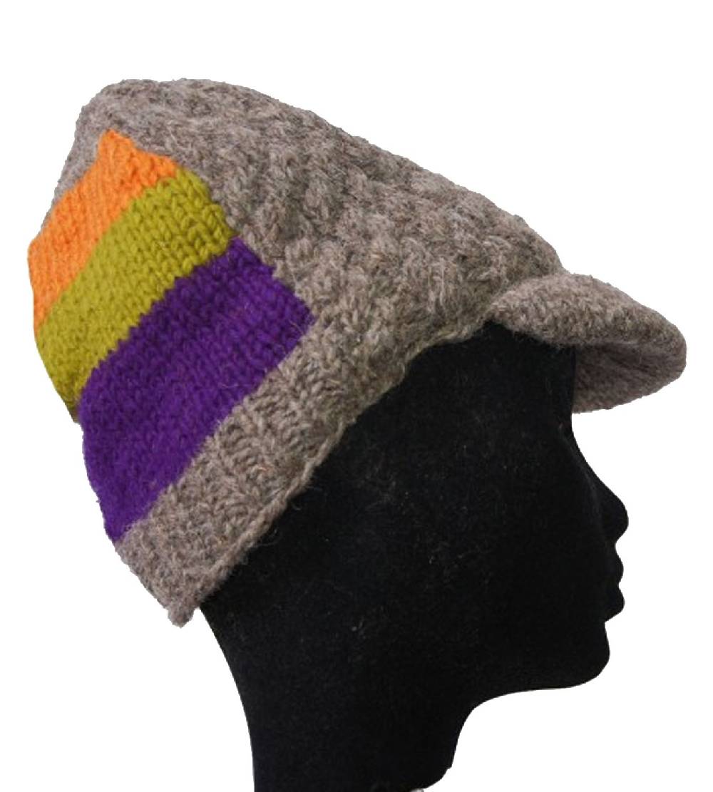 Kunst Und Magie Strickmütze Mütze aus Wolle mit Schirm - Fleecefutter Cap Grau/Mehrfarbig