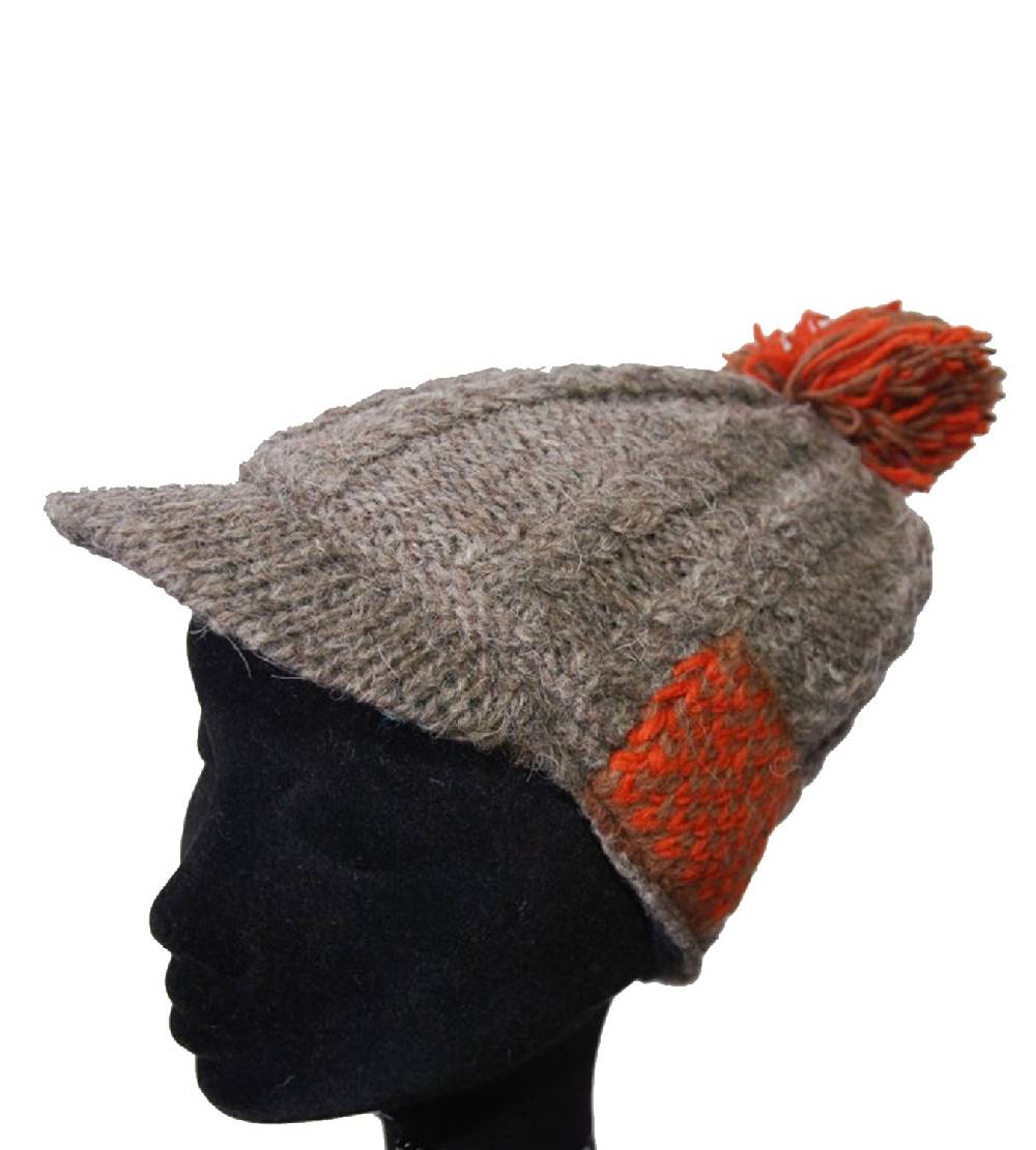 Kunst Und Magie Strickmütze Mütze aus Wolle mit Schirm - Fleecefutter Cap Grau/Rot