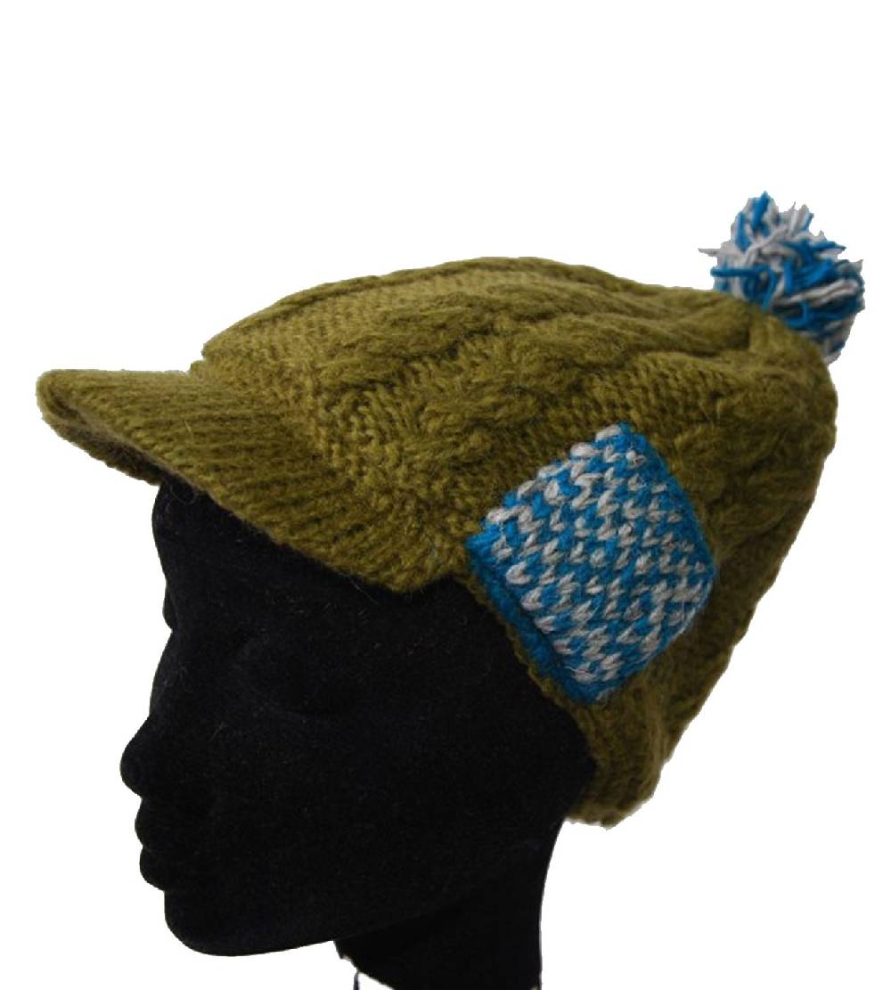 Kunst Und Magie Strickmütze Mütze aus Wolle mit Schirm - Fleecefutter Cap Grün/Blau