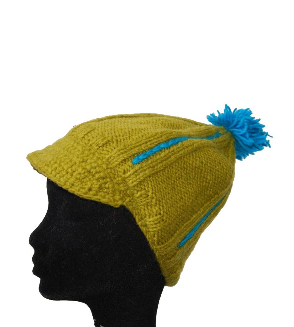 Kunst Und Magie Strickmütze Mütze aus Wolle mit Schirm - Fleecefutter Cap Gelb/Blau