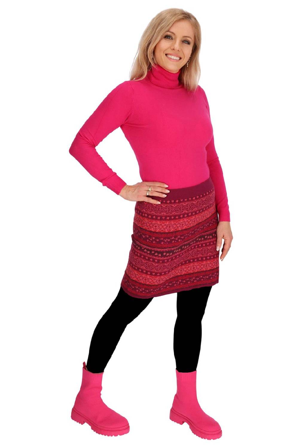 Kunst Und Magie Strickrock Knielanger Rock aus Feinstrick Jaquard Baumwolle Boho