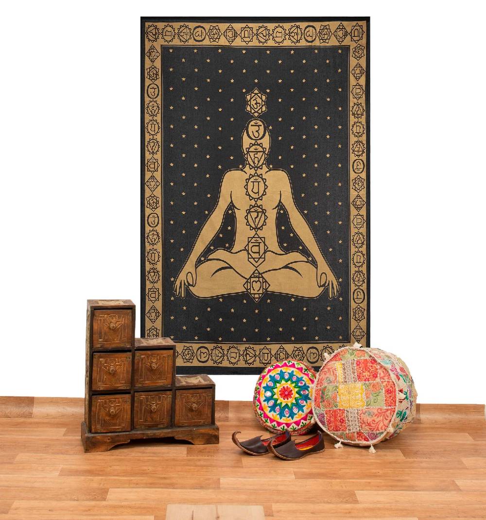 Kunst Und Magie Tagesdecke Wandbehang Bunt Deko Tuch Golden Buddha 7 Chackra Meditation ca.200x135cm