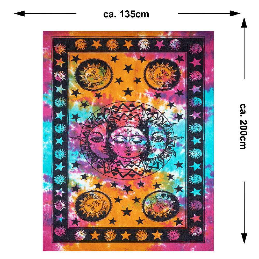 Kunst Und Magie Tagesdecke Wandbehang Bunt Deko Tuch Sonne Mond Und Sterne Goa Hippie Ca.200 X 140cm