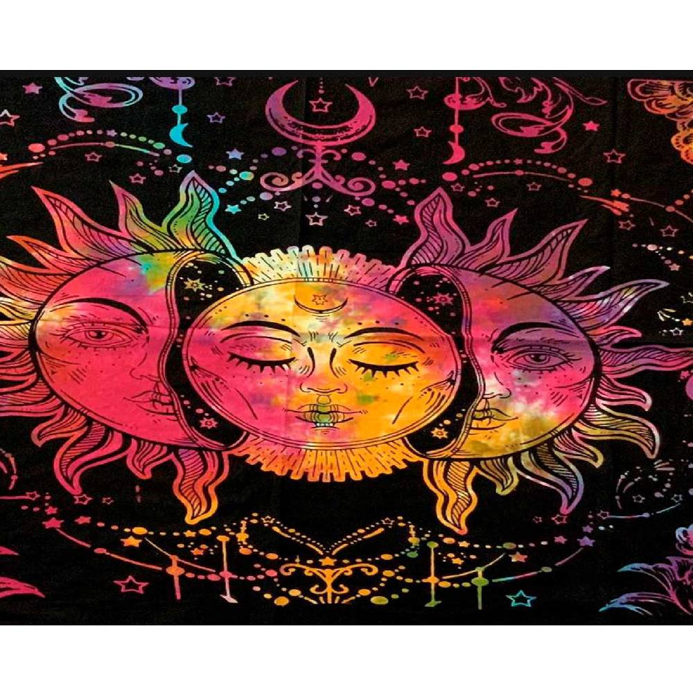 Kunst Und Magie Tagesdecke Wandbehang Bunt Deko Tuch Sonne Mond Und Sterne Goa Hippie Ca.200 X 140cm