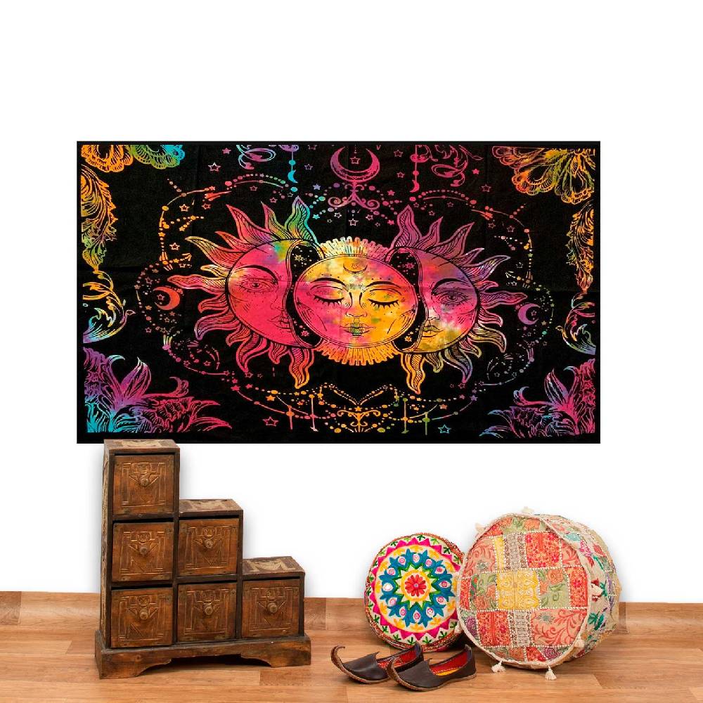 Kunst Und Magie Tagesdecke Wandbehang Bunt Deko Tuch Sonne Mond Und Sterne Goa Hippie Ca.200 X 140cm