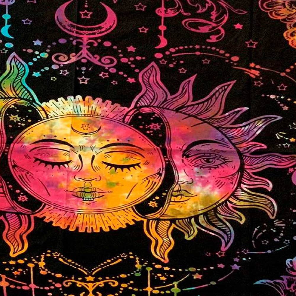 Kunst Und Magie Tagesdecke Wandbehang Bunt Deko Tuch Sonne Mond Und Sterne Goa Hippie Ca.200 X 140cm