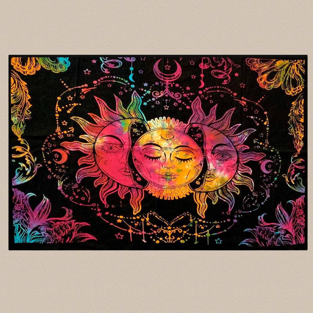 Kunst Und Magie Tagesdecke Wandbehang Bunt Deko Tuch Sonne Mond Und Sterne Goa Hippie Ca.200 X 140cm