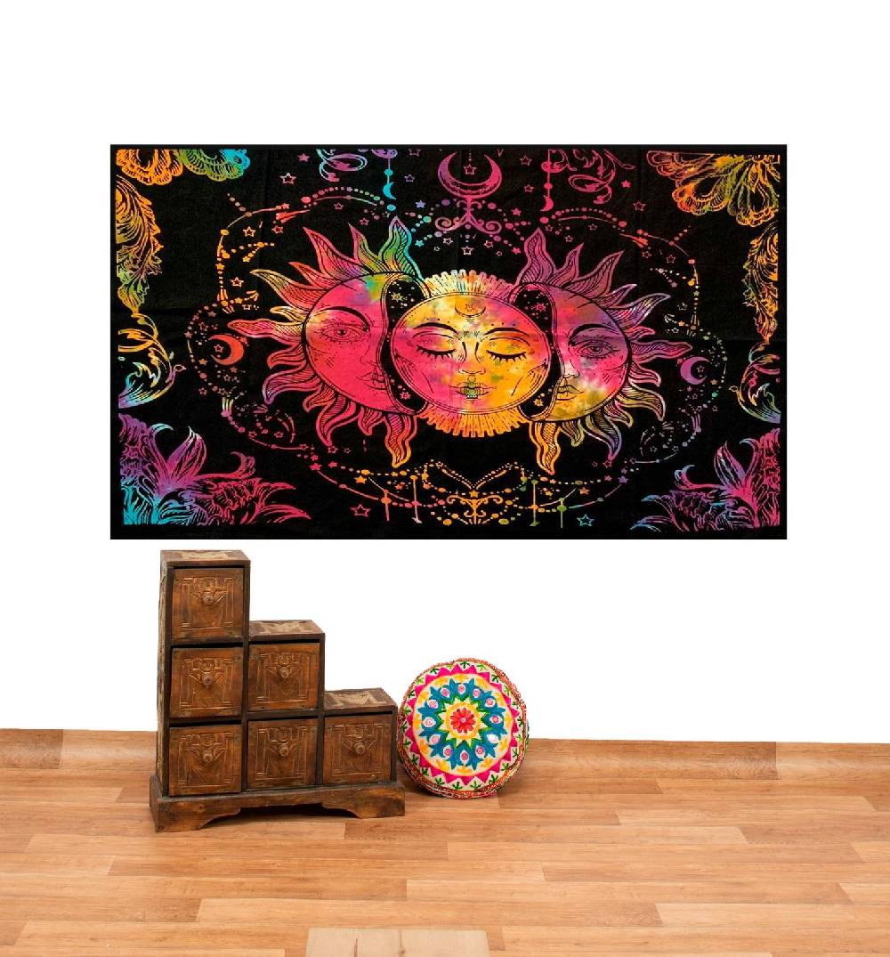 Kunst Und Magie Tagesdecke Wandbehang Bunt Deko Tuch Sonne Mond und Sterne Goa Hippie ca.200 x 140cm