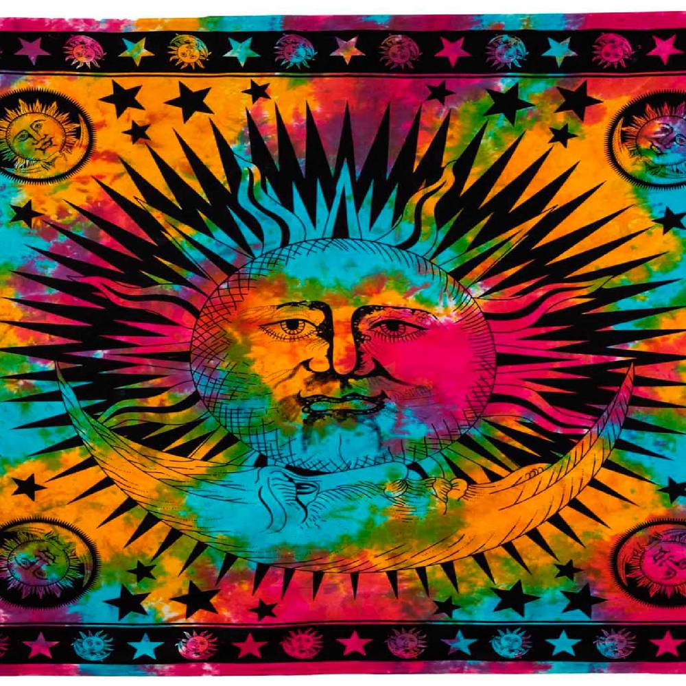 Kunst Und Magie Tagesdecke Wandbehang Bunt Deko Tuch Sonne Mond Und Sterne Goa Hippie Ca.200 X 140cm