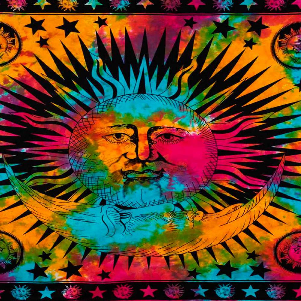 Kunst Und Magie Tagesdecke Wandbehang Bunt Deko Tuch Sonne Mond Und Sterne Goa Hippie Ca.200 X 140cm