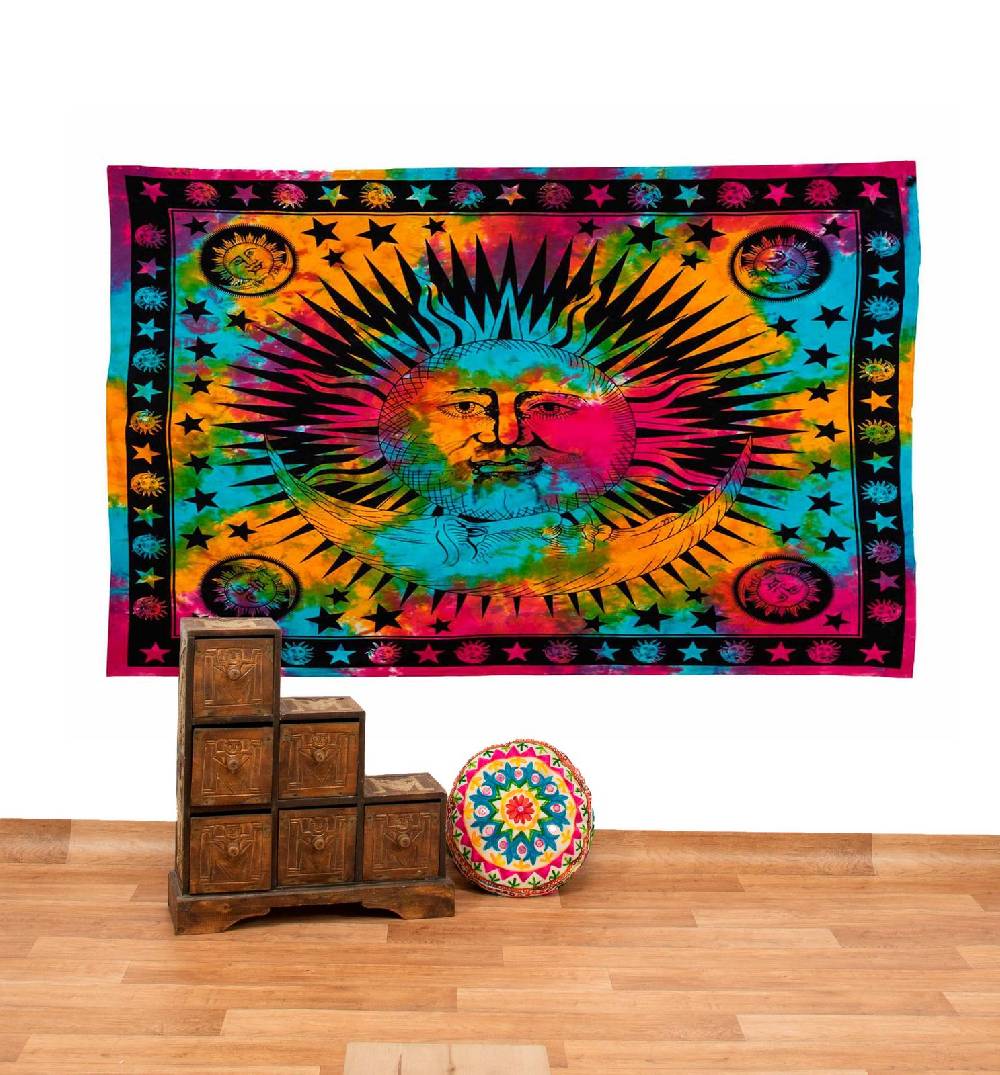 Kunst Und Magie Tagesdecke Wandbehang Bunt Deko Tuch Sonne Mond Und Sterne Goa Hippie Ca.200 X 140cm