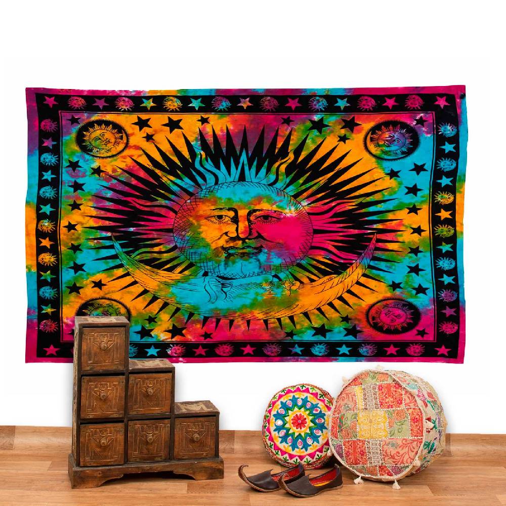 Kunst Und Magie Tagesdecke Wandbehang Bunt Deko Tuch Sonne Mond und Sterne Goa Hippie ca.200 x 140cm