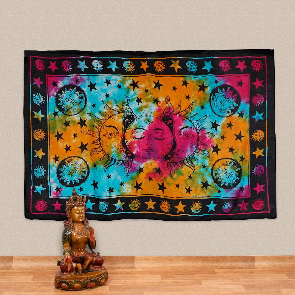 Kunst Und Magie Tagesdecke Wandbehang Bunt Deko Tuch Sonne Mond und Sterne Goa Hippie ca.165x115cm