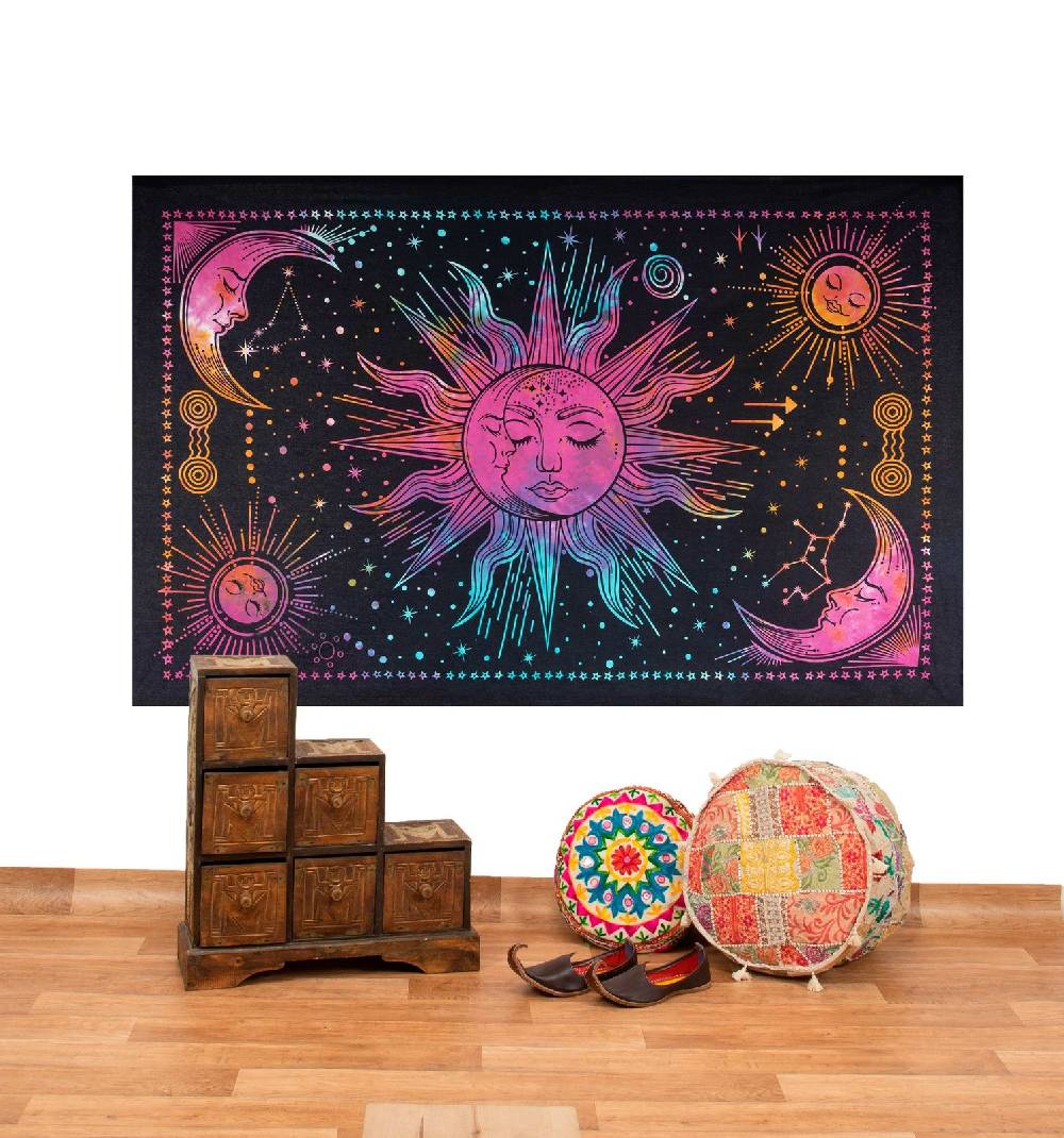 Kunst Und Magie Tagesdecke Wandbehang Bunt Deko Tuch Sonne Mond und Sterne Goa Hippie ca.200 x 140cm