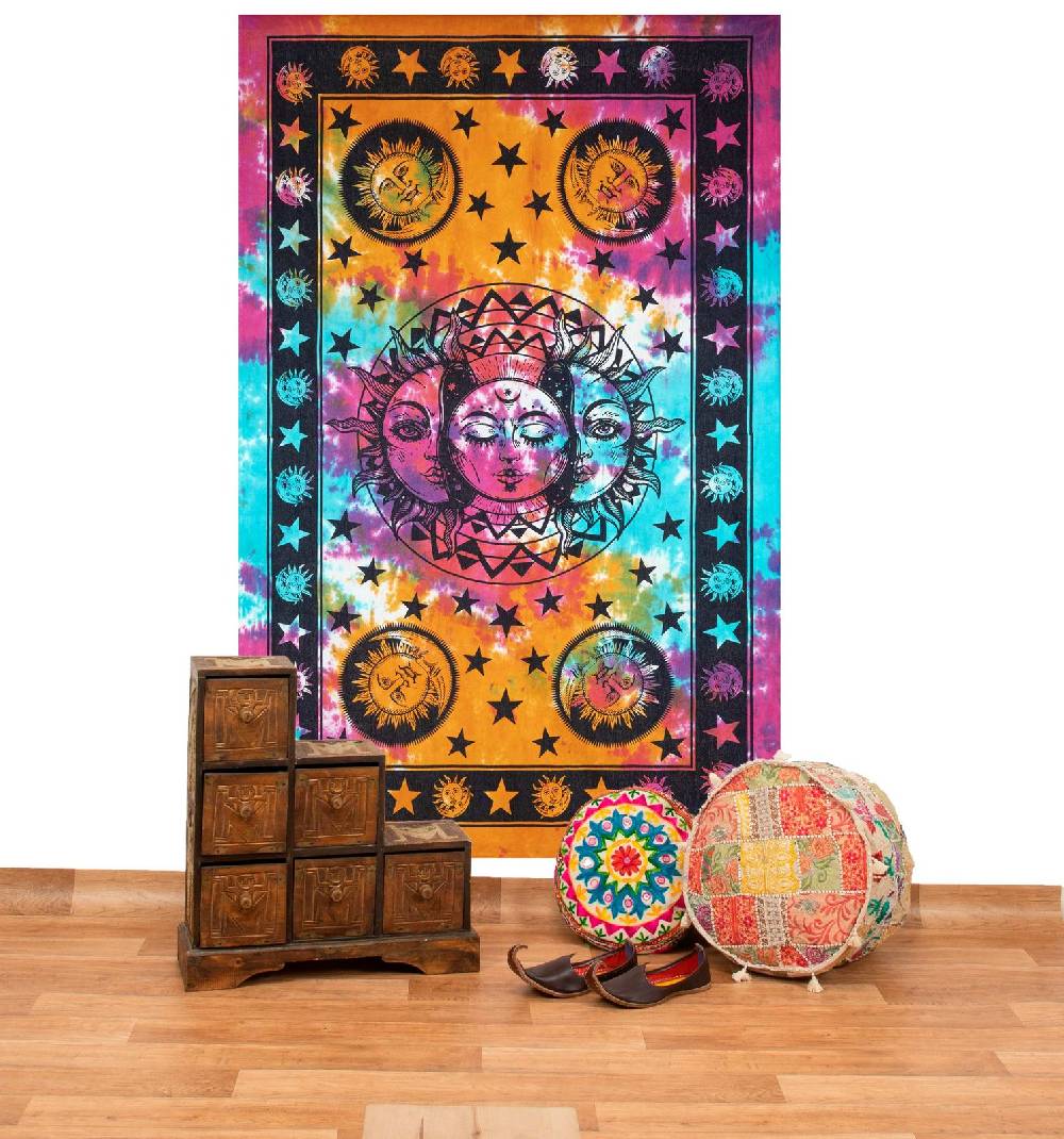 Kunst Und Magie Tagesdecke Wandbehang Bunt Deko Tuch Sonne Mond und Sterne Goa Hippie ca.200 x 140cm