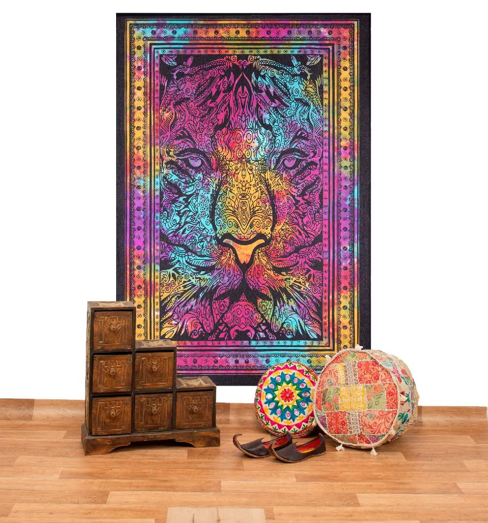 Kunst Und Magie Tagesdecke Wandbehang Bunt Deko Tuch Tiger Goa Hippie ca190 x 140cm